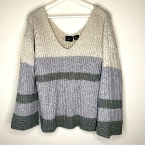 Press Sweater Gray White Striped Oversized V-Neck Knit Extra Small Cozy